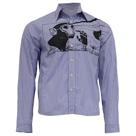  Prada Striped Monkey-Print Shirt in Blue Cotton