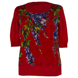 Dolce & Gabbana Kurzarm-Stricktop mit Glyzinien-Print aus roter Seide