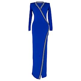 Balmain Maxi-Kleid in Wickel-Optik mit Kristallbesatz aus blauer Viskose