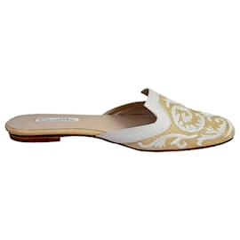 Mules ricamate Oscar De La Renta in rafia beige