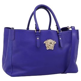 VERSACE Medusa Tote Bag Leder 2-Wege Blau Goldton Auth BA14875V