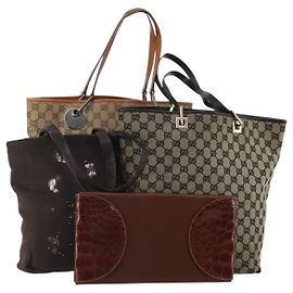 Bolso BOTTEGA VENETA Gucci GG Canvas Lana y Cuero Set de 4 Marrón Beige Auth 190006