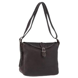 Borsa a tracolla FENDI Celeria in pelle marrone argento Auth 198325