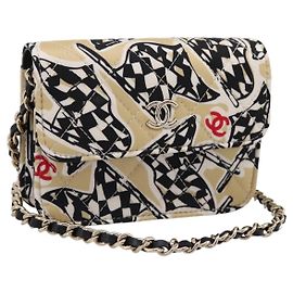 Borsa a tracolla CHANEL Checker Flag Chain Canvas Beige Gold CC Auth 197010SAM