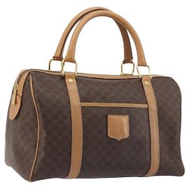 Céline Borsa Boston CELINE Macadam Canvas PVC Leather Brown Gold Auth 198748