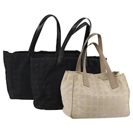CHANEL Nuevo Bolso Tote Travel Line Canvas Set de 3 Negro Blanco CC Auth bs36791