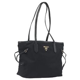 PRADA Tote Bag Nylon Schwarz Goldfarben Auth 198624