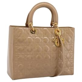 Christian Dior Cannage Lady Dior Large Hand Bag Patent Beige Gold Auth 198677A