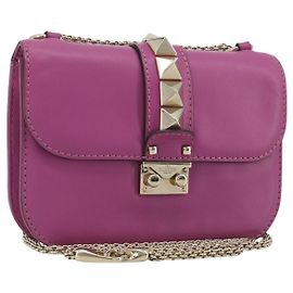 VALENTINO Studs Chain Schultertasche aus Leder Rosa Goldfarben Auth BA14809A