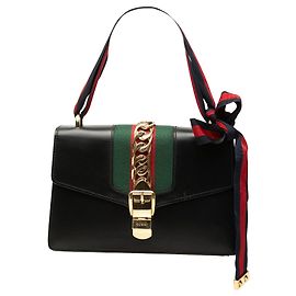 Borsa Satchel Gucci Sylvie Small in pelle di vitello nera con fascia Web
