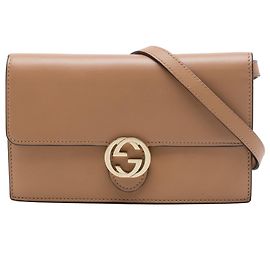 Bolsa Tiracolo com Corrente Gucci em Pele de Bezerro Bege com G Entrelaçados