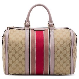 Borsa Boston Satchel Gucci Joy Medium in tela GG beige con banda Web