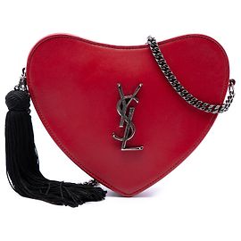Borsa a tracolla Saint Laurent Sac Coeur in pelle di vitello monogrammata rossa con nappina