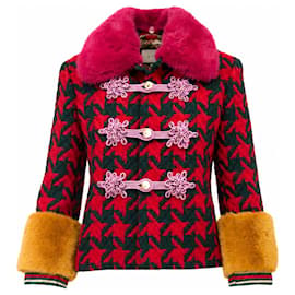 Gucci Tweedjacke Rot Grün mit Pelzdetails