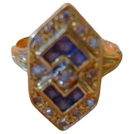 Autre Marque Anello Art Déco in Oro Giallo con Zaffiri e Diamanti