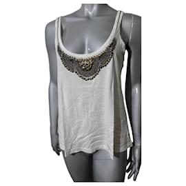 Maje Camiseta de tirantes off-white con perlas y cadenas