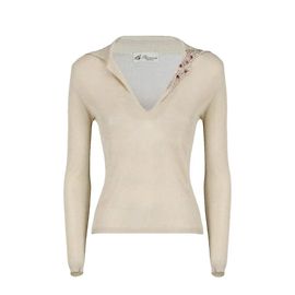 Blumarine Top de Punto Beige con Cuello Adornado