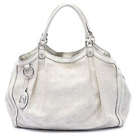 Borsa Tote Gucci Sukey Large in rafia bianca con diamanti