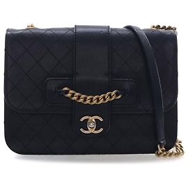Chanel Black Large Quilted Sheepskin Front Chain Flap