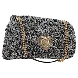 Dolce & Gabbana DOLCE&GABBANA Devotion Schultertasche mit Kette aus Tweed in Schwarz und Goldton Auth BA14821SAM