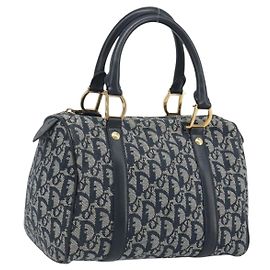 Christian Dior Trotter Canvas Boston Bag Navy Gold Auth 197320V