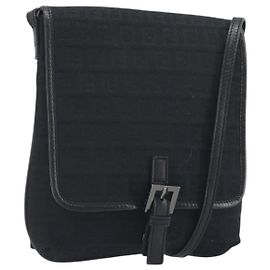FENDI Zucchino Canvas Schultertasche Schwarz Silber Auth mr2844