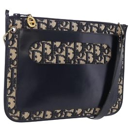 Christian Dior Trotter Canvas Schultertasche Navy Gold Tone Auth 198511A