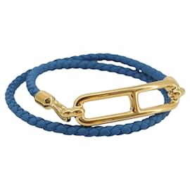 Hermès HERMES Roulis De Bourtour Bracelet Leather Blue Gold Auth 196712V