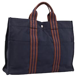 Hermès Borsa HERMES Fourre Tout MM in cotone blu navy argento Auth BA15062