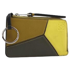LOEWE Tarjetero Puzzle de piel marrón plata Auth 197014A