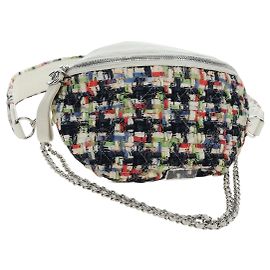 Borsa a tracolla CHANEL Chain Matelasse tweed White Silver CC Auth 195515M