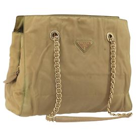 PRADA Chain Tote Bag Nylon Beige Gold Auth 194329