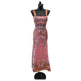 Abito lungo in seta rosa Roberto Cavalli con stampa floreale