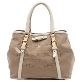 Borsa Satchel Prada in tela Canapa beige con logo e fiocco