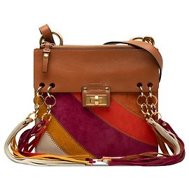 Borsa a tracolla Jane Chloé in patchwork di vitello e camoscio marrone, piccola con frange