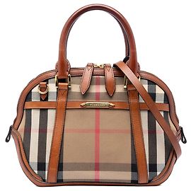 Borsa Satchel Bridle Orchard Burberry in tela House Check marrone con rifiniture in pelle Small