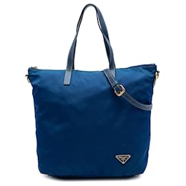 Borsa Tote Convertibile Prada in Tessuto Blu con Chiusura a Zip