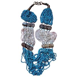 Autre Marque Collar étnico de cuentas azules y blancas con madera tallada
