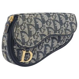 Pouch Saddle in tela Trotter Christian Dior Navy Gold Auth 199228