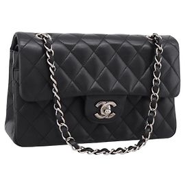 Borsa CHANEL Double Flap Chain Matelasse 23 in pelle d'agnello nera e argento Auth yk20812SAM