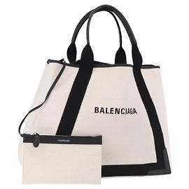 Borsa a mano BALENCIAGA Navy Cabas M Canvas White Black 339936 Auth 197751V