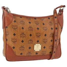Borsa a tracolla MCM Vicetos PVC Pelle Marrone Tono Oro Auth BA15292