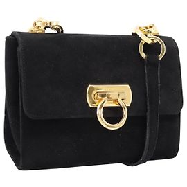 Borsa a tracolla Salvatore Ferragamo Gancini in camoscio nero e oro Auth ka5909