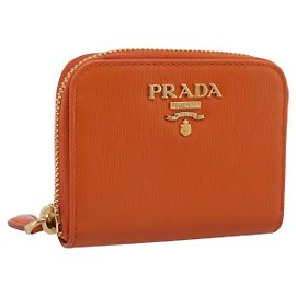PRADA Coin Purse Saffiano Orange Gold Tone Auth BA15322V