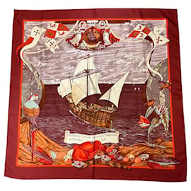 Hermès Carré in twill di seta Hermes Burgundy Multi Christophe Colomb Decouvre l’Amerique