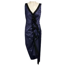 Vestido de cóctel midi Dries Van Noten púrpura / negro sin mangas con volantes y jacquard chevron bordado