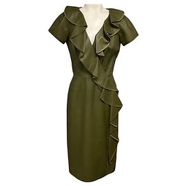 Vestido midi de cuero de manga corta con volantes Oscar de la Renta Verde Oliva