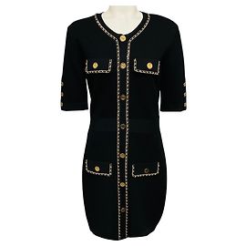 Vestido mini de punto de viscosa Elisabetta Franchi negro con detalle de cadena dorada