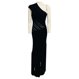 Herve Leger einschultriges Maxikleid aus schwarzem geripptem Chenille-Strick mit Fransenborte