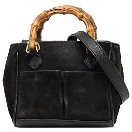Mini borsa satchel Gucci in camoscio nero con bambù
